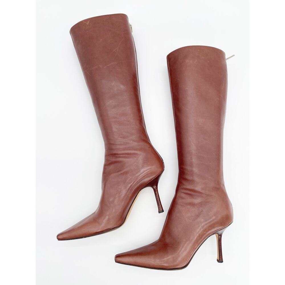 Jimmy Choo Vintage Y2K Mahogany Peony Square Toe Leather Knee High Boots IT 38 - Picture 4 of 14